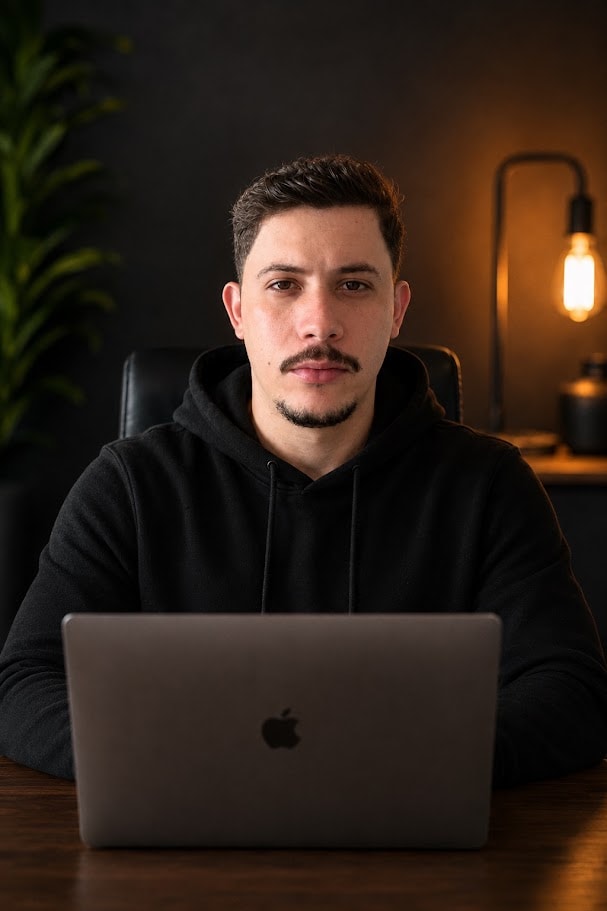Kassio Kennedy em seu espaço de trabalho com um notebook